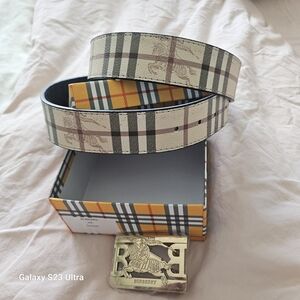 Burberry Men's Plaid Belt in Beige, Black and Brown with Gold Buckle
